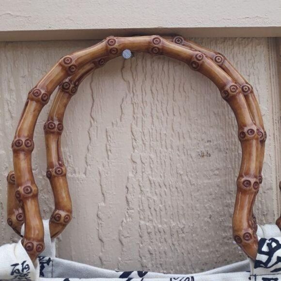 Handmade Oriental Basket Weave Bucket Bag Beaded Fringe Faux Wood Handles - Picture 6 of 8